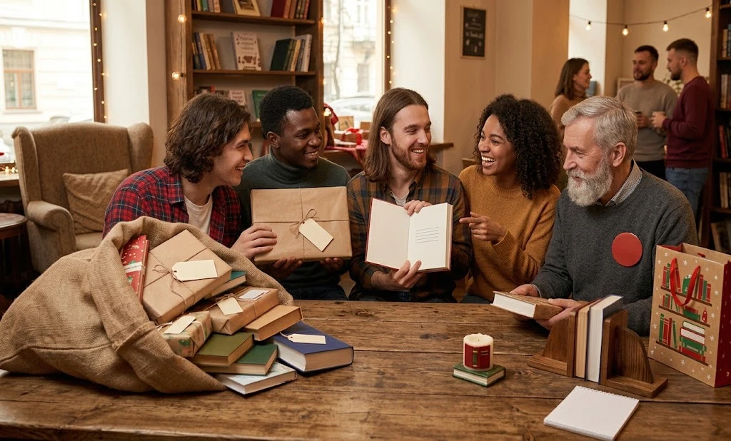 A book club unwrapping a gift exchange at a table covered in wrapped books, bookends and a candle